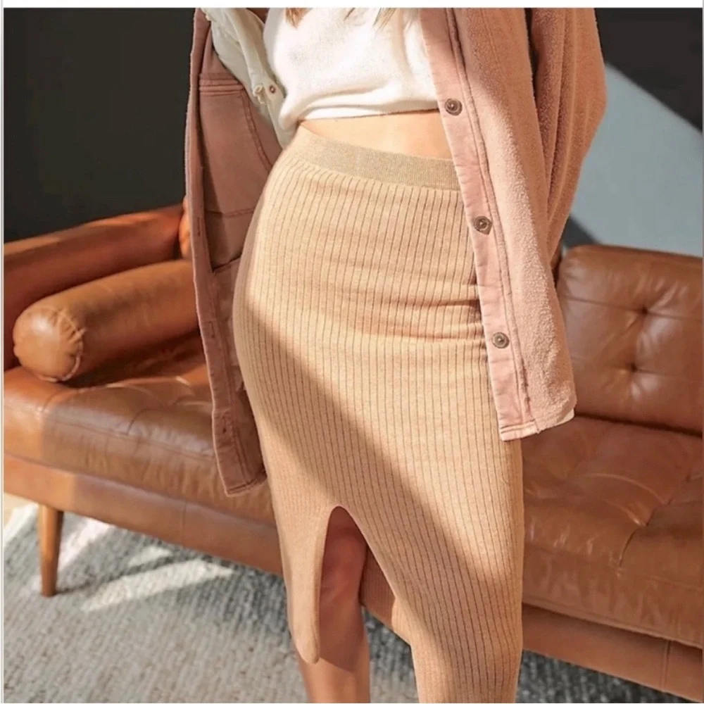 Free People Skyline Camel Ribbed Knit Midi Pencil Skirt Front Slit Size S